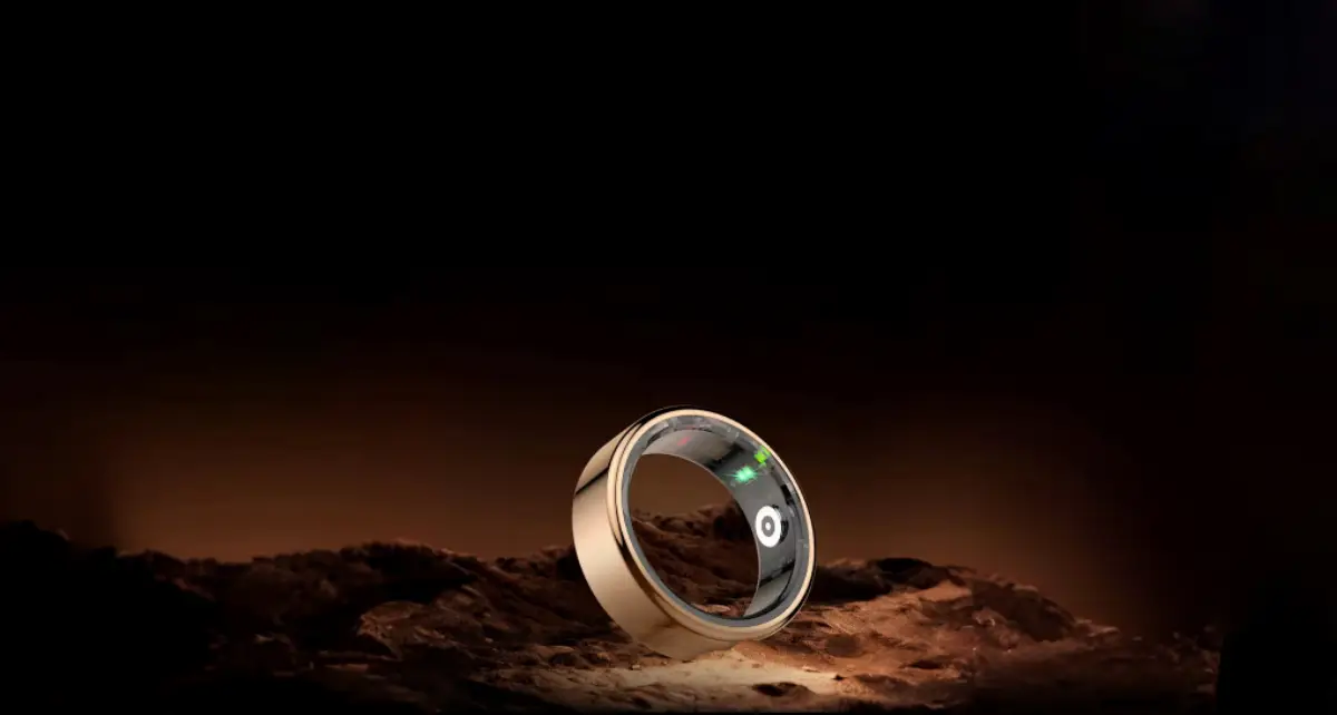 Close-up studio product photo of the Herz P1 Smart Ring on a clean neutral background, showing the ring’s sleek metallic finish and smooth edges, high-detail, premium lighting, sharp focus